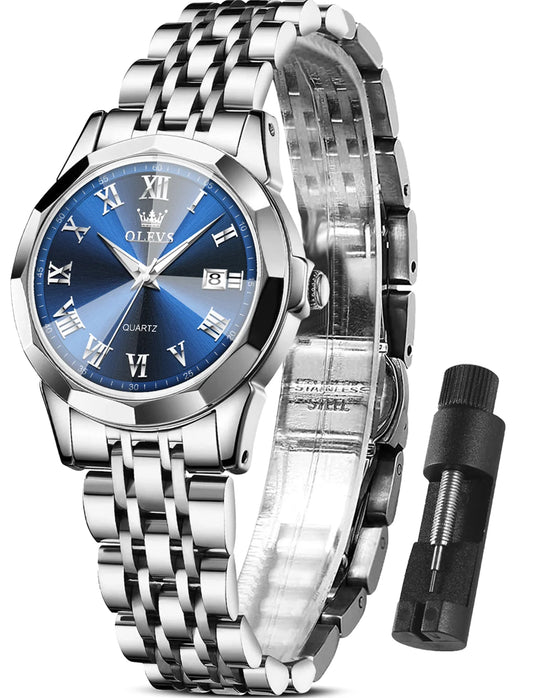 Fashion Blue Face Watches for Women Elegant Sliver Stainless Steel Strap Womens Watches Day Date Watches for Ladies Waterproof Ladies Watches Analog Quartz Watches Womens Roman Numerals Watches