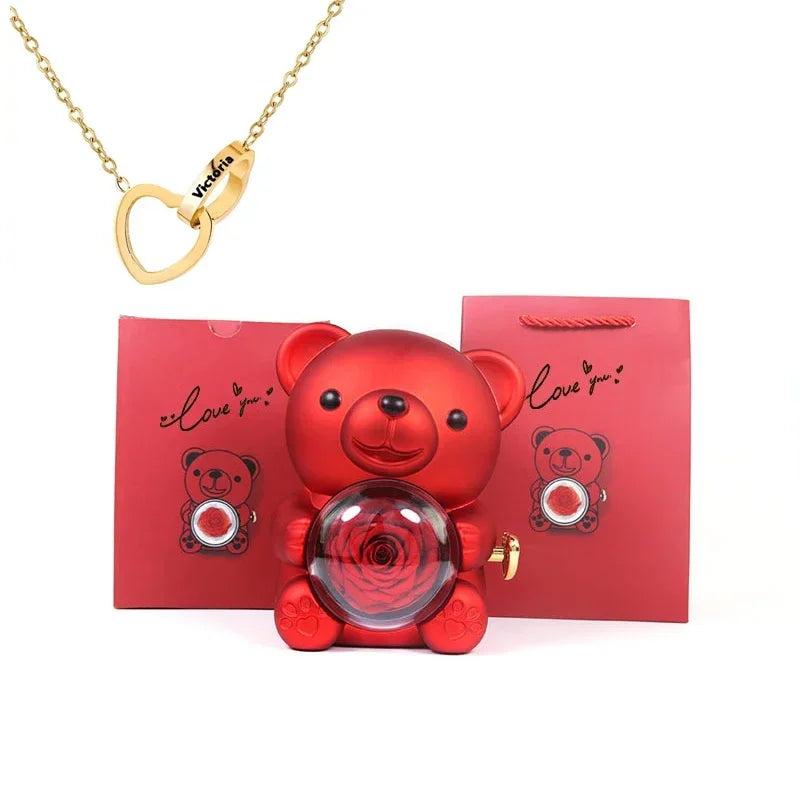 Engraved Heart Necklace with Eternal Rose Teddy Bear Rose Shaped Necklace Jewellery Gift Box Romantic Acrylic Flower Ring Locket